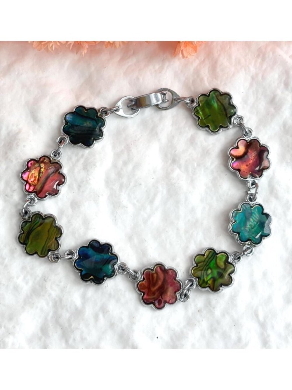 Faux Abalone Rainbow Enameled Multi Color Floral Silver Toned Vintage Bracelet